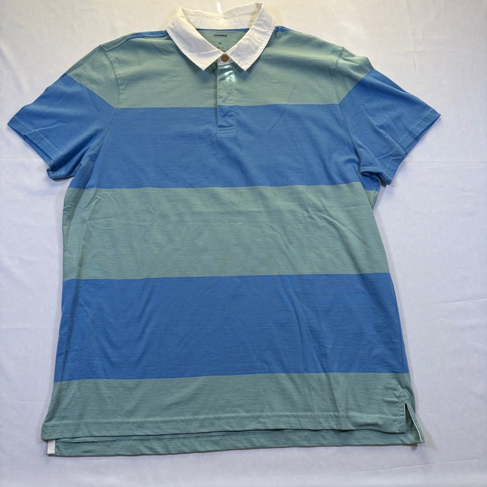 Sonoma Mens XL Blue Green Striped Rugby Polo Shirt Short Sleeve MS31K307RR2